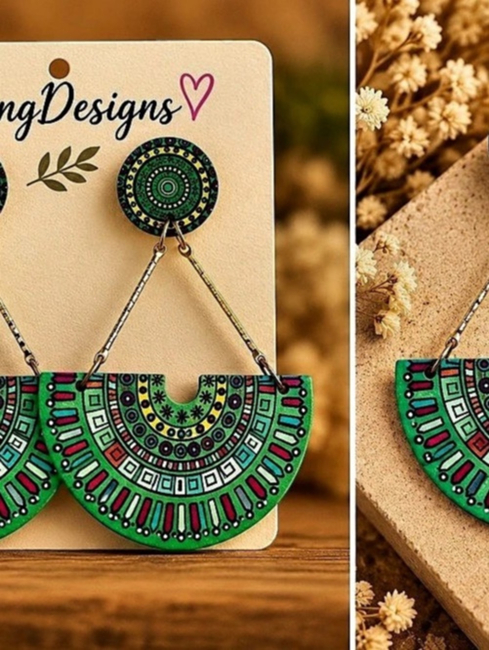 LaingDesigns Long Fringe Earrings Geometric Green Multicolor Earrings NWT